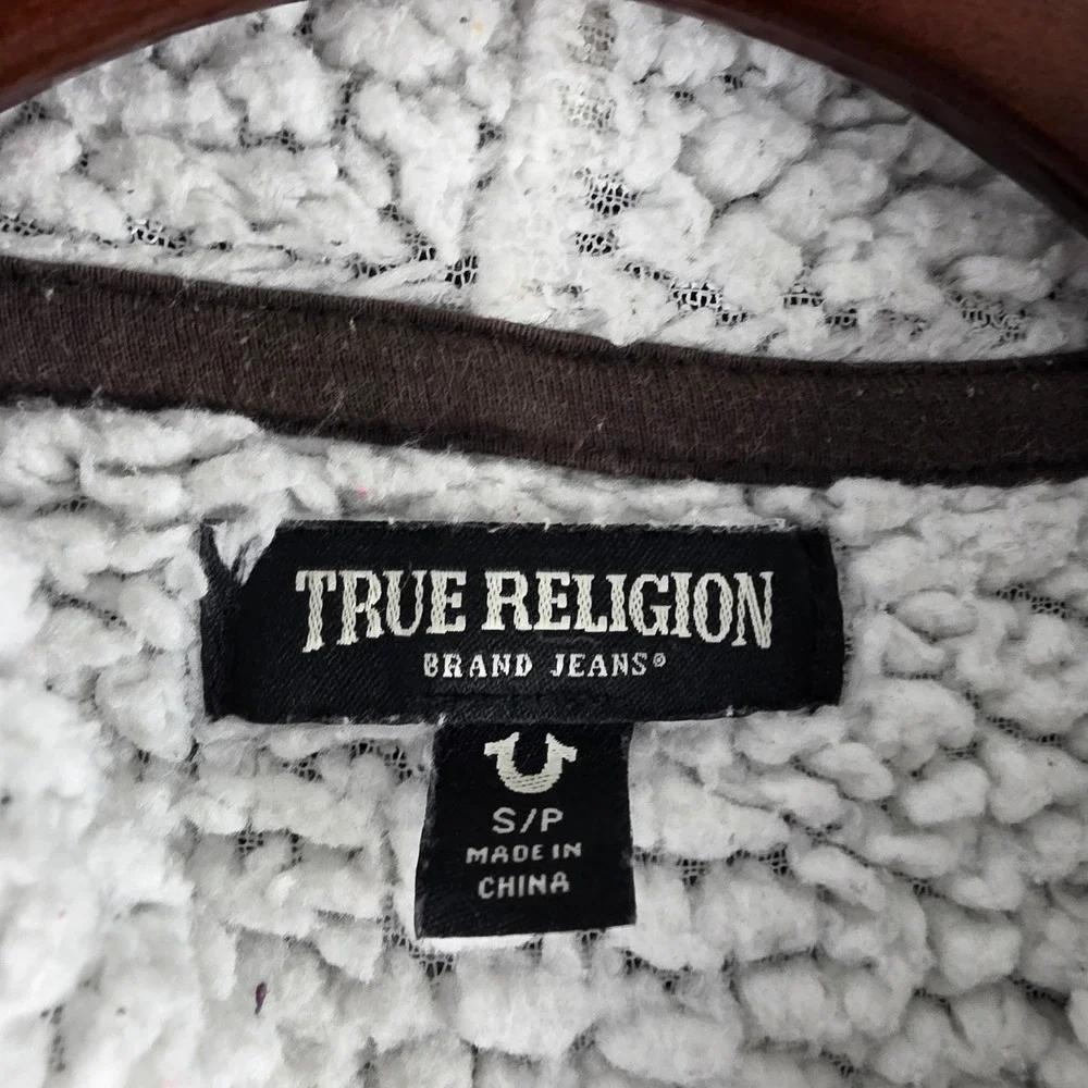 True Religion Mens Brown Sherpa Lined Full Zip Buddha Logo Hoodie Small